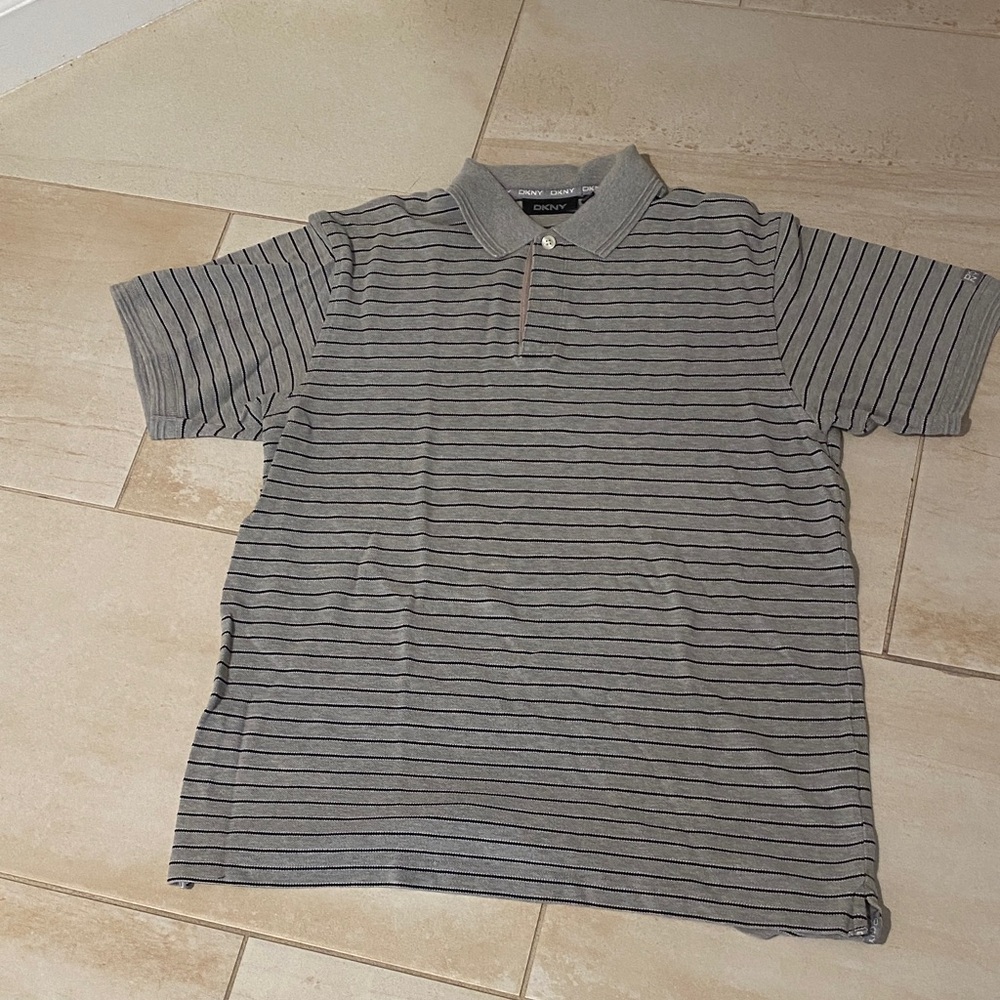 DKNY Men’s Grey Polo with Thin Black Stripes